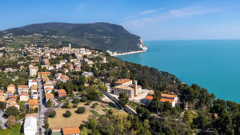 Aerial drone view of Sirolo and Numana town , Conero Mount, Adriatic Sea in Le Marche region