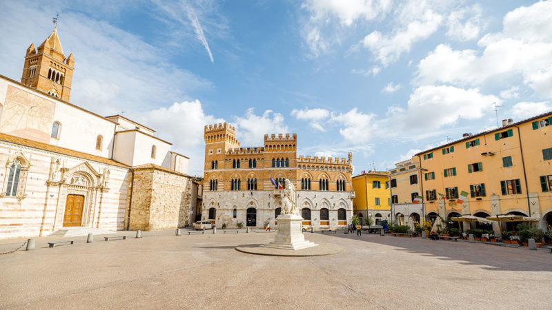 Morning view on Piazza Dante, central square in Grosseto town on sunny day.