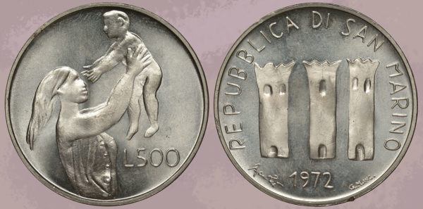 San Marino coin: five hundred lira (1972), showing woman holding a child on one side, three ancient towers on the other