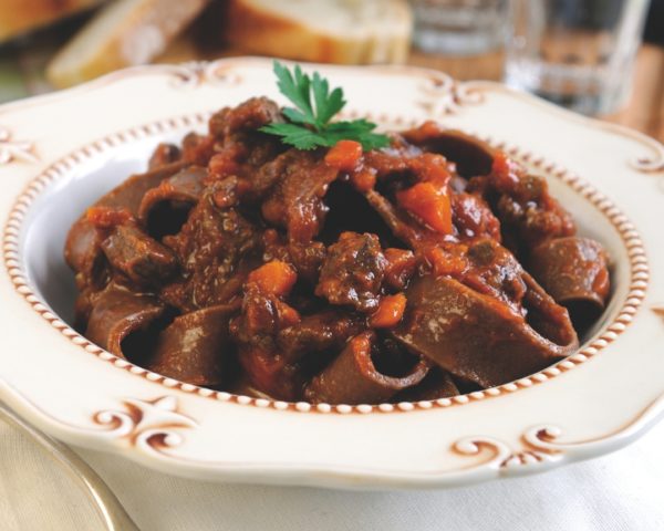 Chocolate Pappardelle in ragu sauce