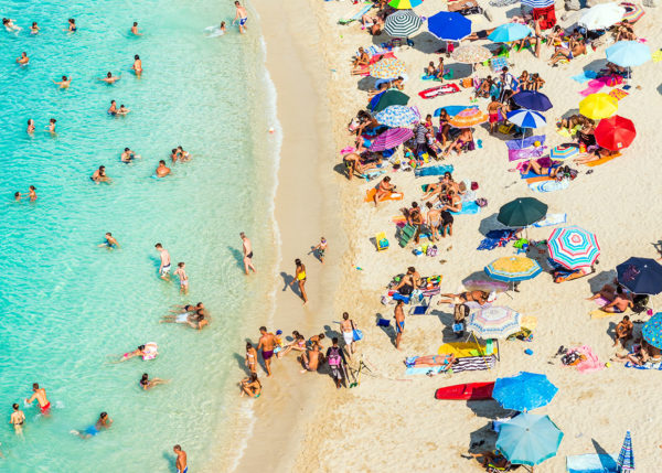Panoramic view of beach with umbrellas top view Tropea